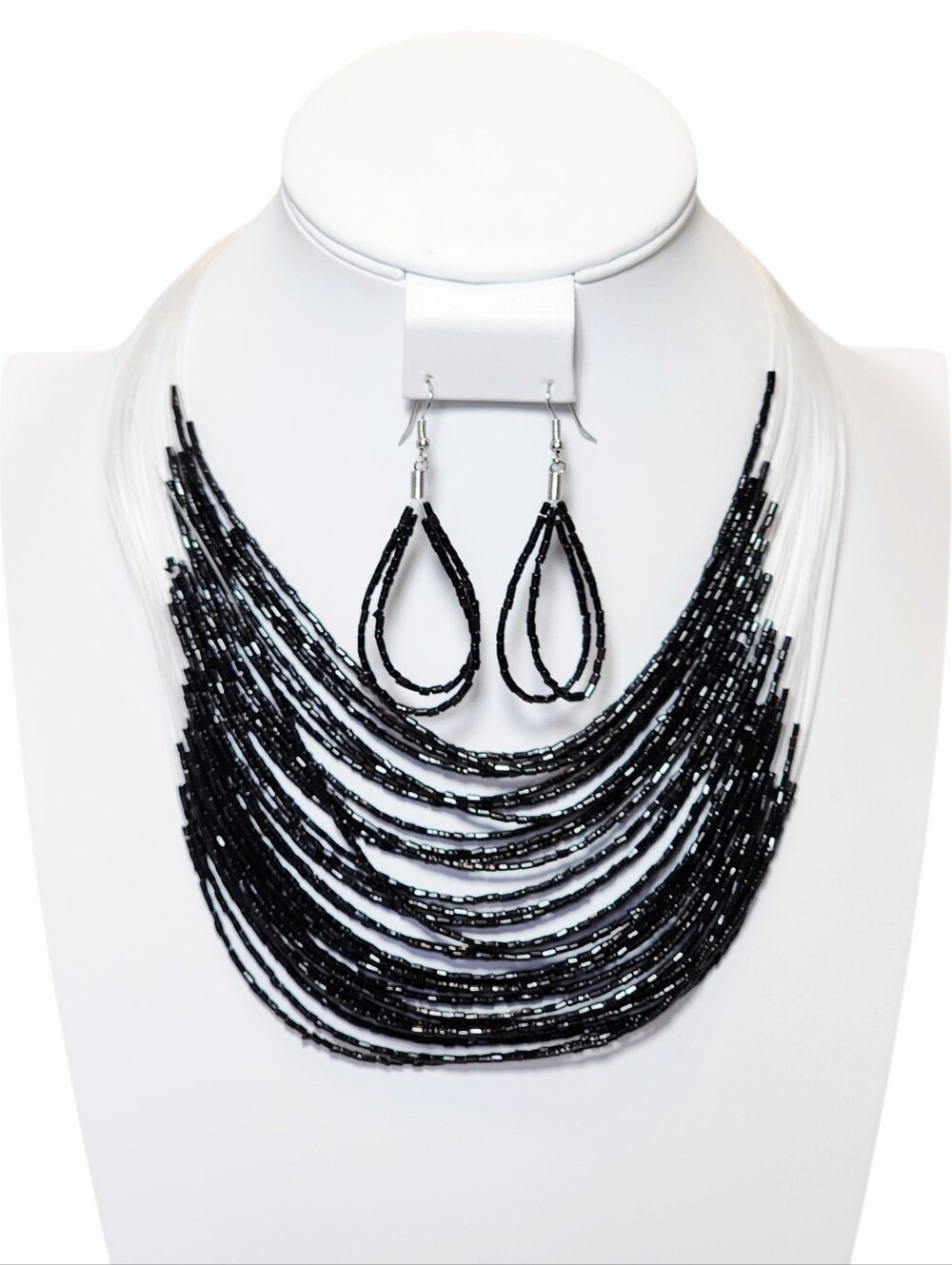 Paparazzi Black Beaded Nylon Corded Statement Necklace and Earring Set NWT